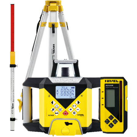 Nivel System NL740R Digital + statyw SJJ1 + łata LS-24 - laser obrotowy czerwony 700 m z cyfrowymi spadkami X/Y, autowpasowaniem i czujnikiem RD500R D